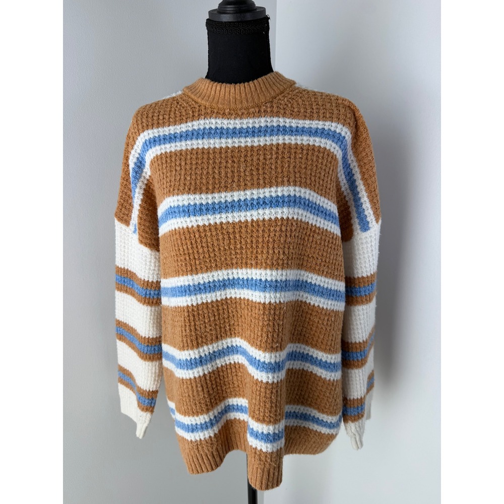 American Eagle Striped Waffle Knit Oversized Crewneck Sweater S Camel Brown Blue